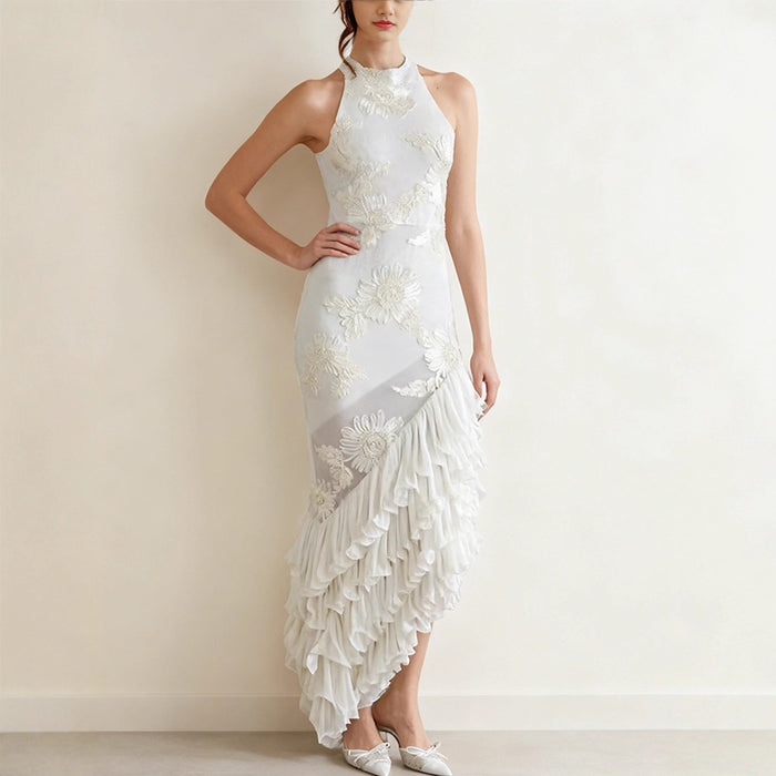 Sleeveless Off-shoulder Dress With Three-dimensional Embroidery And Ruffled Hem by Ricaloux