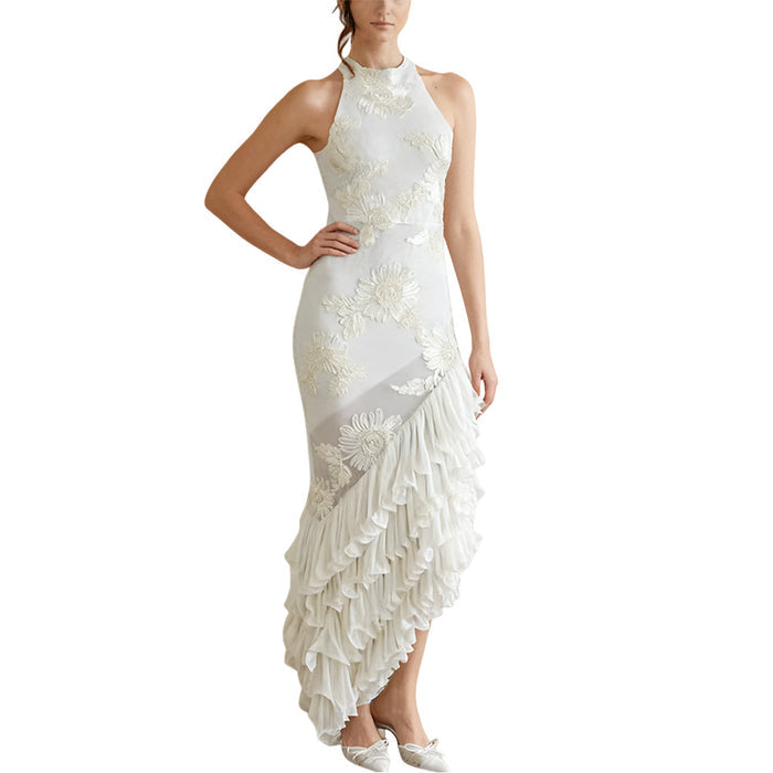 Sleeveless Off-shoulder Dress With Three-dimensional Embroidery And Ruffled Hem by Ricaloux