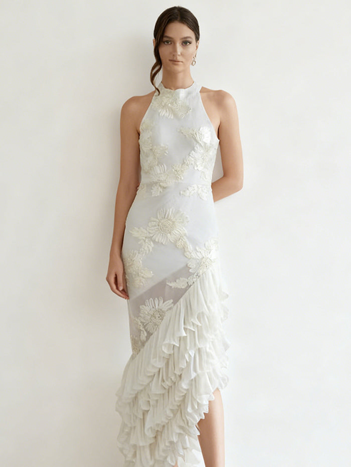 Sleeveless Off-shoulder Dress With Three-dimensional Embroidery And Ruffled Hem by Ricaloux
