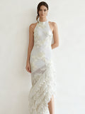 Sleeveless Off-shoulder Dress With Three-dimensional Embroidery And Ruffled Hem by Ricaloux