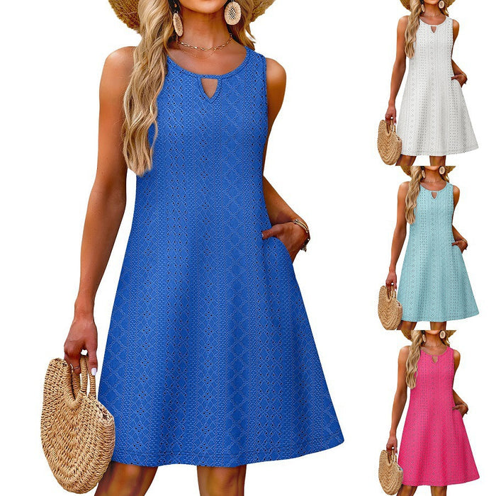 Sleeveless Solid Color Hollow Out Eyelet V Neck Casual Slip Dress by Ricaloux