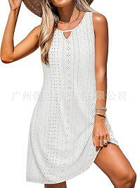 Sleeveless Solid Color Hollow Out Eyelet V Neck Casual Slip Dress by Ricaloux