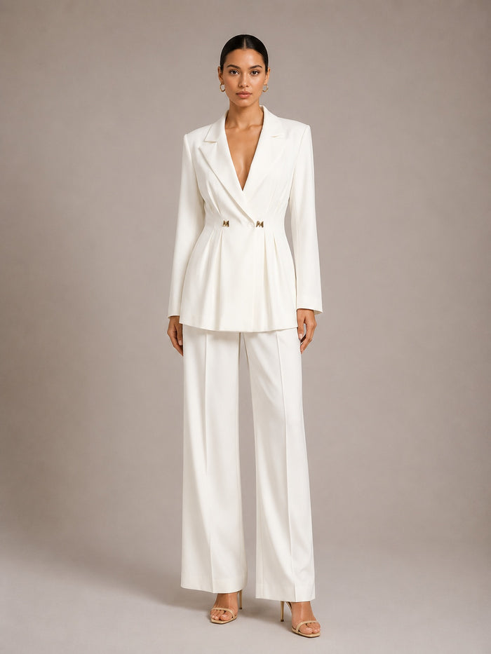 Solid-color Long-sleeve Fitted Blazer & High-waisted Straight-leg Trousers Set by Ricaloux