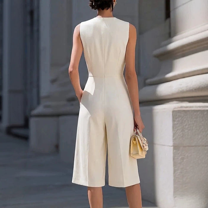 Solid-color Zip-front Crew-neck Sleeveless Wide-leg Jumpsuit – Premium 0 | RICALOUX