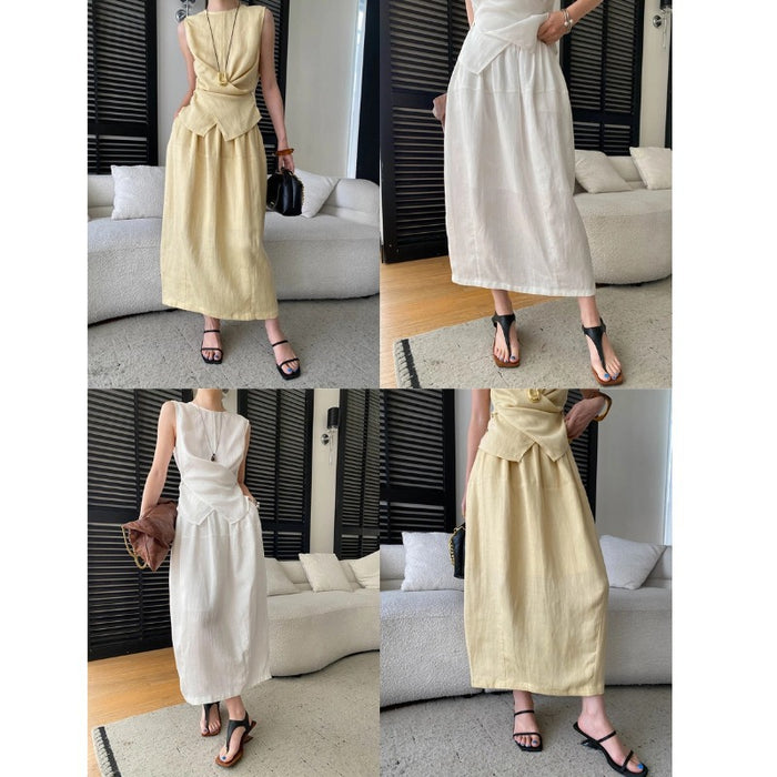 Split-neck Sleeveless Blouse And Elastic-waist Skirt Set – Premium 0 | RICALOUX