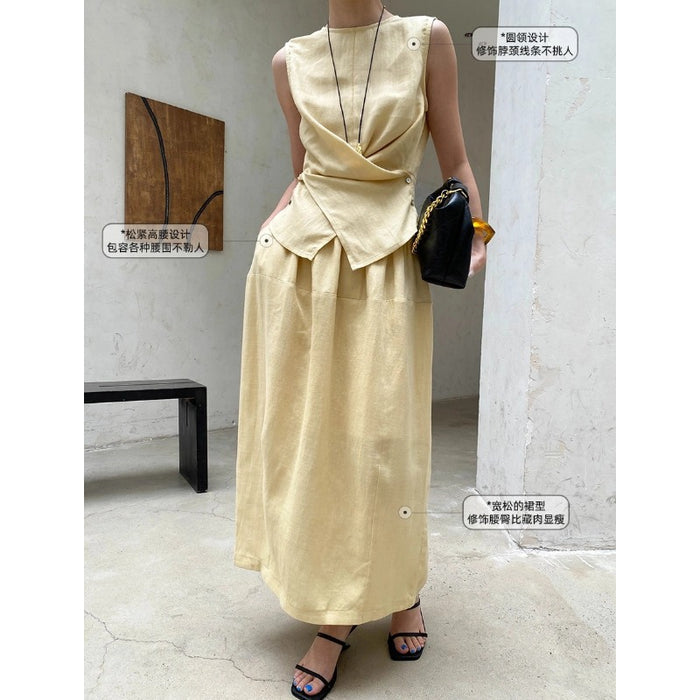 Split-neck Sleeveless Blouse And Elastic-waist Skirt Set – Premium 0 | RICALOUX