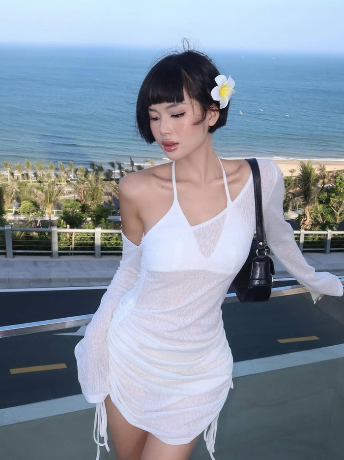 SpringSummer Solid-color Fashionable Hollow-out Sheer Off-shoulder Beach Bodycon Dress by Ricaloux
