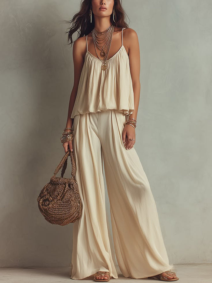 Square Neck Loose Cami Crop Top & High Waist Flowy Wide Leg Pants Two Piece Vacation Outfit Set – Premium 4 | RICALOUX