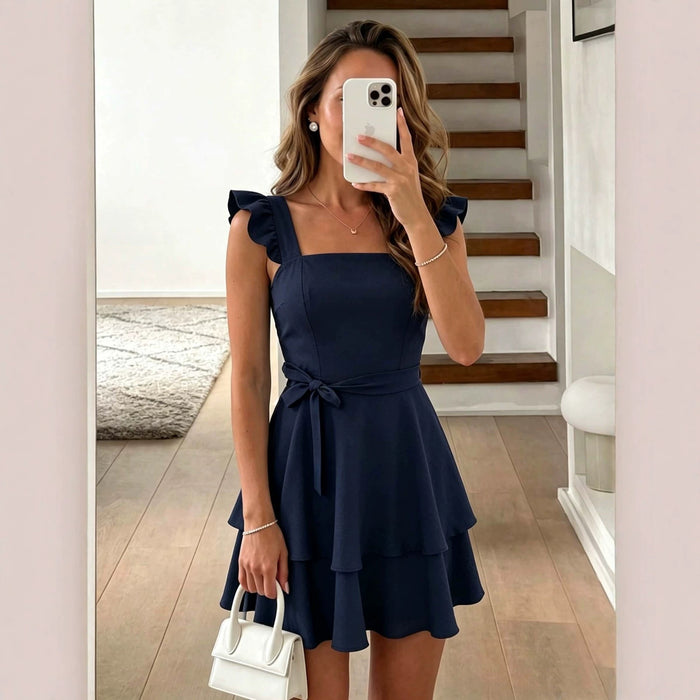 Square Neck Ruffled Cap Sleeve Dress - Women's Casual Fitted Summer Mini Dress with Flounce Detail – Premium 0 | RICALOUX