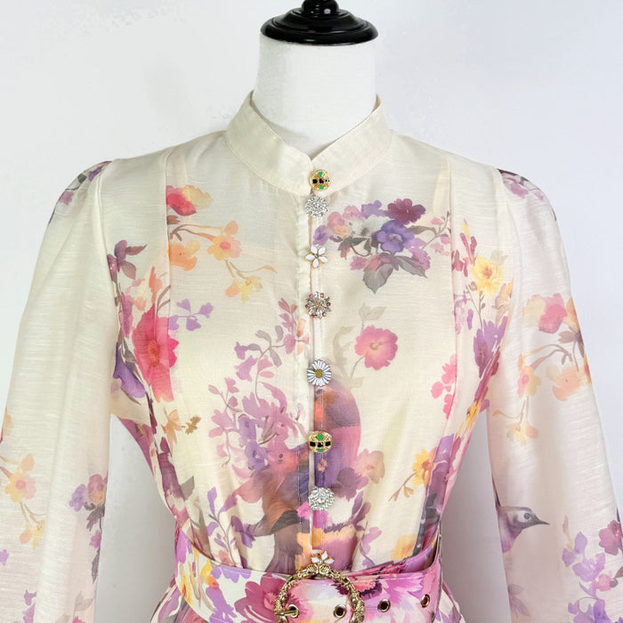 Stand-collar Single-breasted Dress With Puff Sleeves A Fitted Waist by Ricaloux