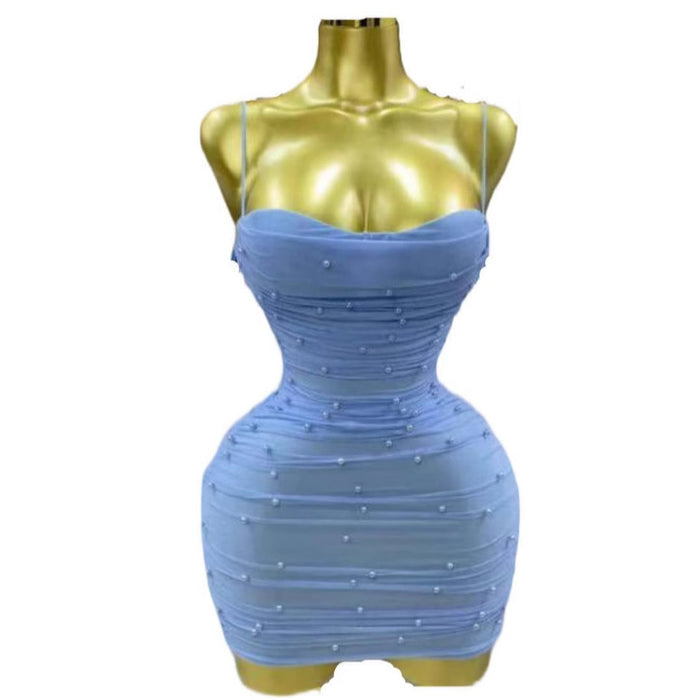 Stretch Mesh-strapped Pearl-embellished Sexy Slim-fit Mini Dress – Premium 0 | RICALOUX