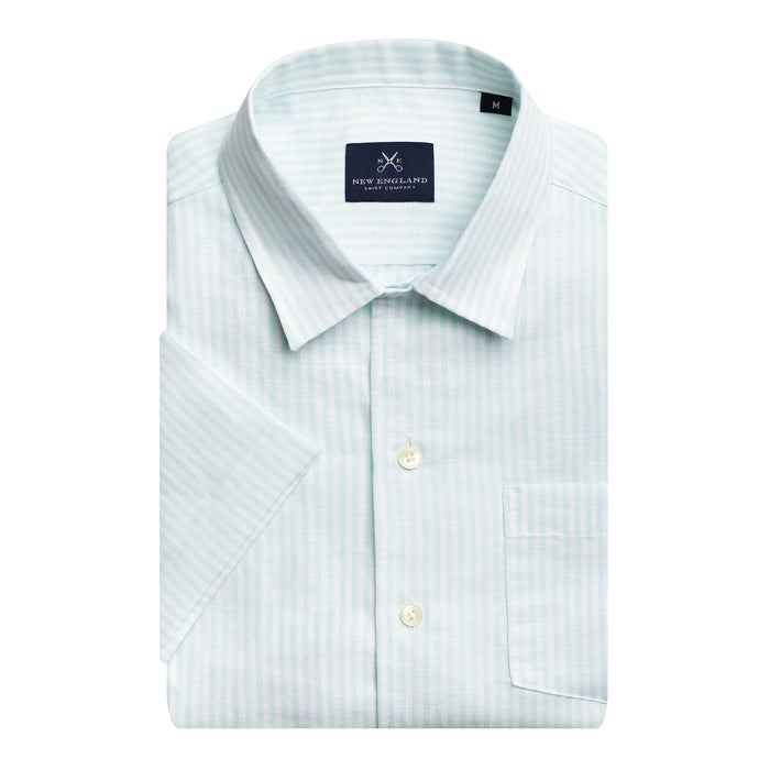 STRIPED LINEN SHORT SLEEVE CAMP SHIRT - MINT STRIPE