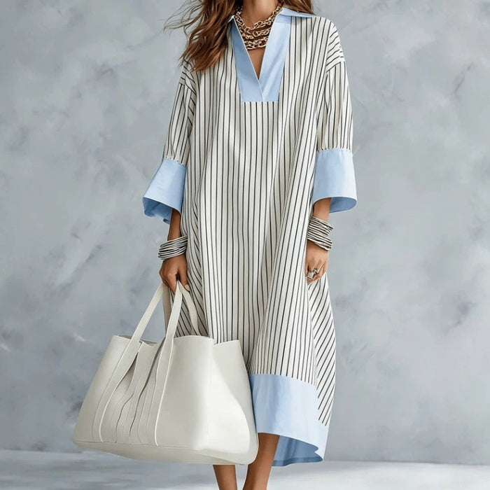 Stylish Casual V-neck Striped Dress For Women by Ricaloux