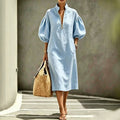 Summer Casual Loose-fit Stand-collar Puff-sleeve Dress by Ricaloux
