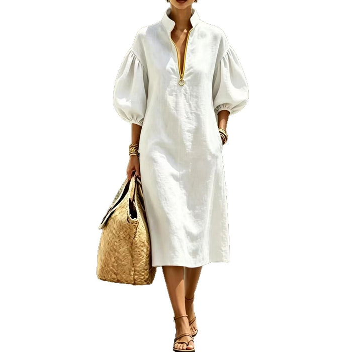 Summer Casual Loose-fit Stand-collar Puff-sleeve Dress by Ricaloux