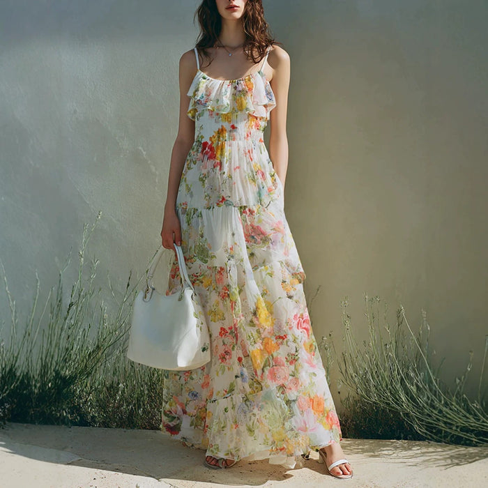 Summer Dress With A Long Bow Floral Print And Layered Chiffon by Ricaloux