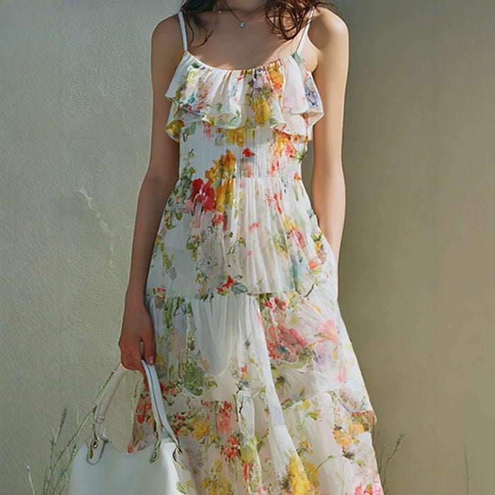 Summer Dress With A Long Bow Floral Print And Layered Chiffon by Ricaloux