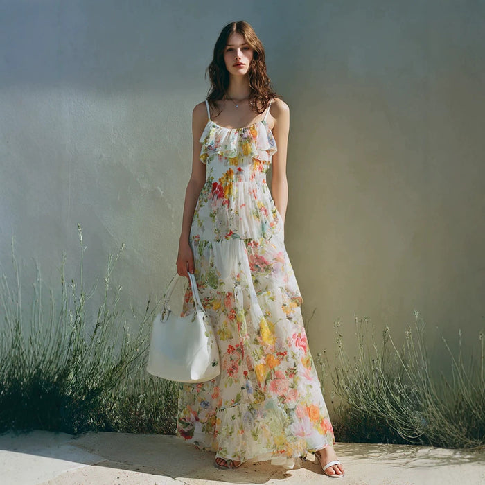 Summer Dress With A Long Bow Floral Print And Layered Chiffon by Ricaloux