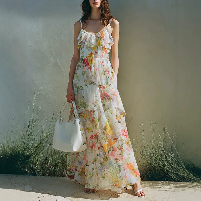 Summer Dress With A Long Bow Floral Print And Layered Chiffon by Ricaloux