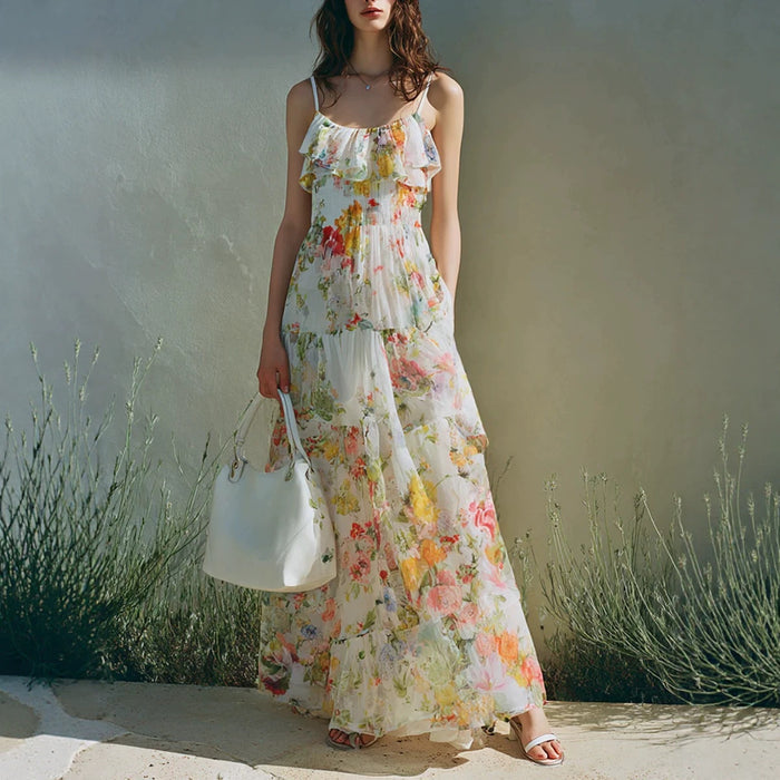 Summer Dress With A Long Bow Floral Print And Layered Chiffon by Ricaloux