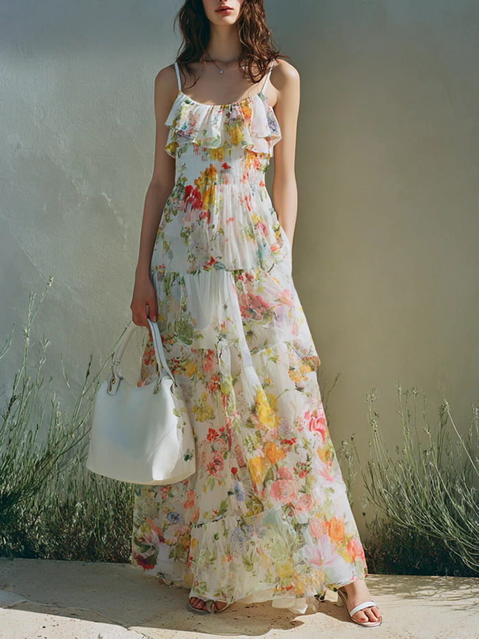 Summer Dress With A Long Bow Floral Print And Layered Chiffon by Ricaloux