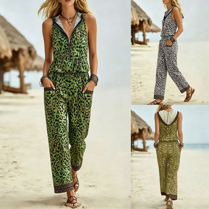 Summer Leopard Print Hooded Sleeveless Vest & Wide-Leg Pants Set With Pockets by Ricaloux