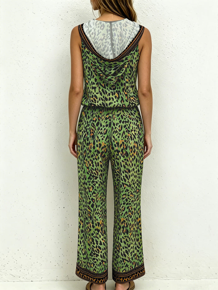 Summer Leopard Print Hooded Sleeveless Vest & Wide-Leg Pants Set With Pockets by Ricaloux