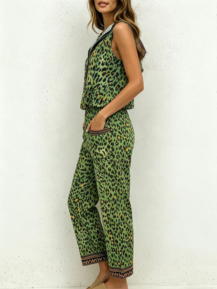 Summer Leopard Print Hooded Sleeveless Vest & Wide-Leg Pants Set With Pockets by Ricaloux