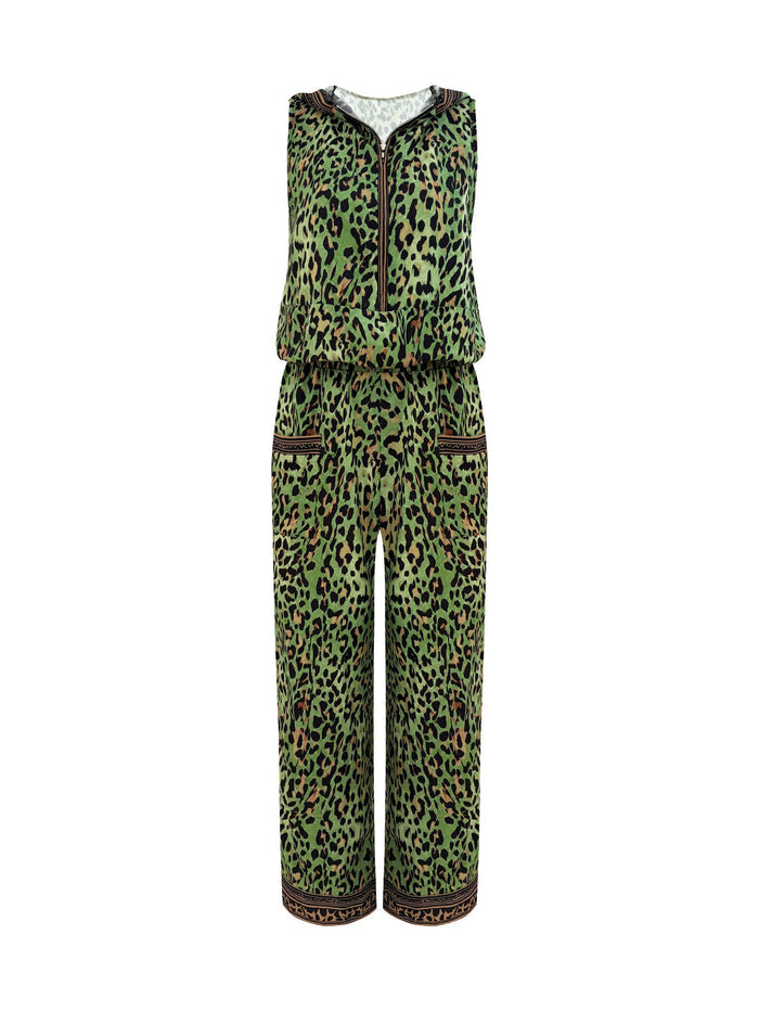 Summer Leopard Print Hooded Sleeveless Vest & Wide-Leg Pants Set With Pockets by Ricaloux
