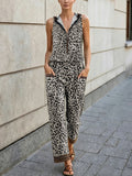 Summer Leopard Print Hooded Sleeveless Vest & Wide-Leg Pants Set With Pockets by Ricaloux