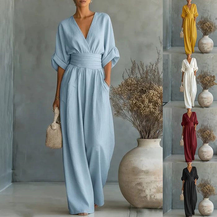 Summer Short-sleeved Jumpsuit Fashion Casual V-Neck Wide-Leg Pants Womens Clothing by Ricaloux