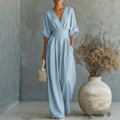 Summer Short-sleeved Jumpsuit Fashion Casual V-Neck Wide-Leg Pants Womens Clothing by Ricaloux