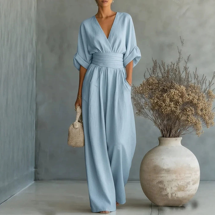 Summer Short-sleeved Jumpsuit Fashion Casual V-Neck Wide-Leg Pants Womens Clothing by Ricaloux