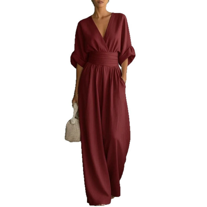 Summer Short-sleeved Jumpsuit Fashion Casual V-Neck Wide-Leg Pants Womens Clothing by Ricaloux