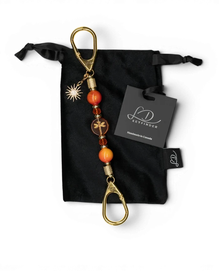 LD Keyfinder Summer Sunset Mini key finder with coral dragonfly glass bead, agate gemstones, and gold sun charm.