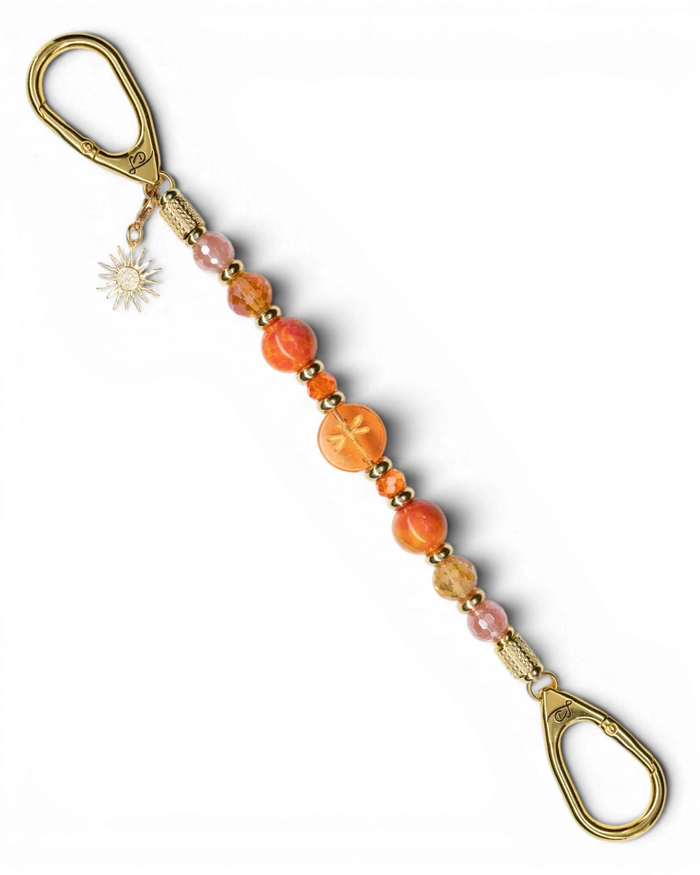 LD Keyfinder Summer Sunset beaded keychain with coral glass dragonfly centerpiece, agate, quartz, and gold sun charm.