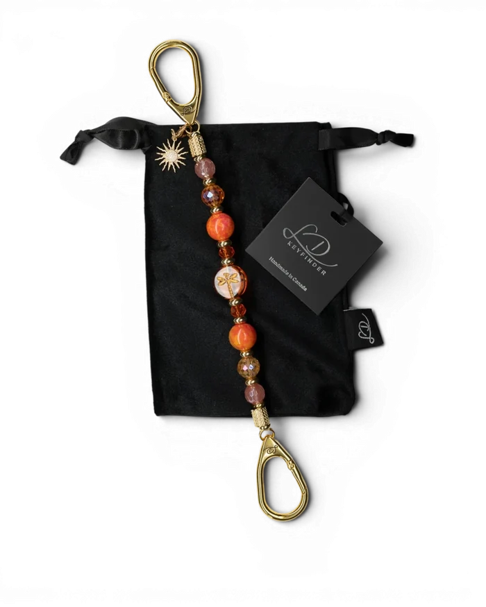 LD Keyfinder Summer Sunset beaded keychain with coral glass dragonfly, cherry quartz, agate, and gold sun charm.