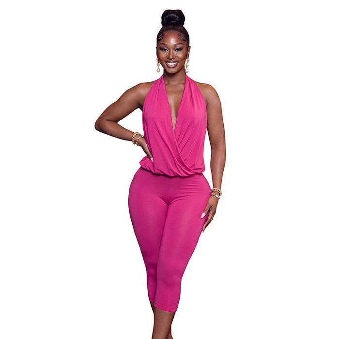 SummerAutumn New Womens Sleeveless Solid-Color Tight Cropped Jumpsuit With Flared Legs – Premium 0 | RICALOUX