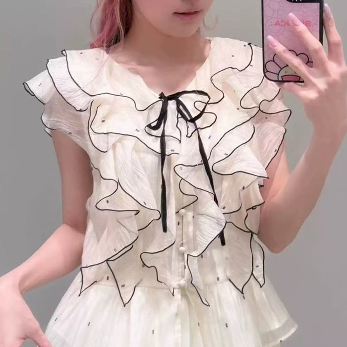 Sweet Petal-Print Ruffled Hem Bow-Tie V-Neck Shirt – Premium 0 | RICALOUX