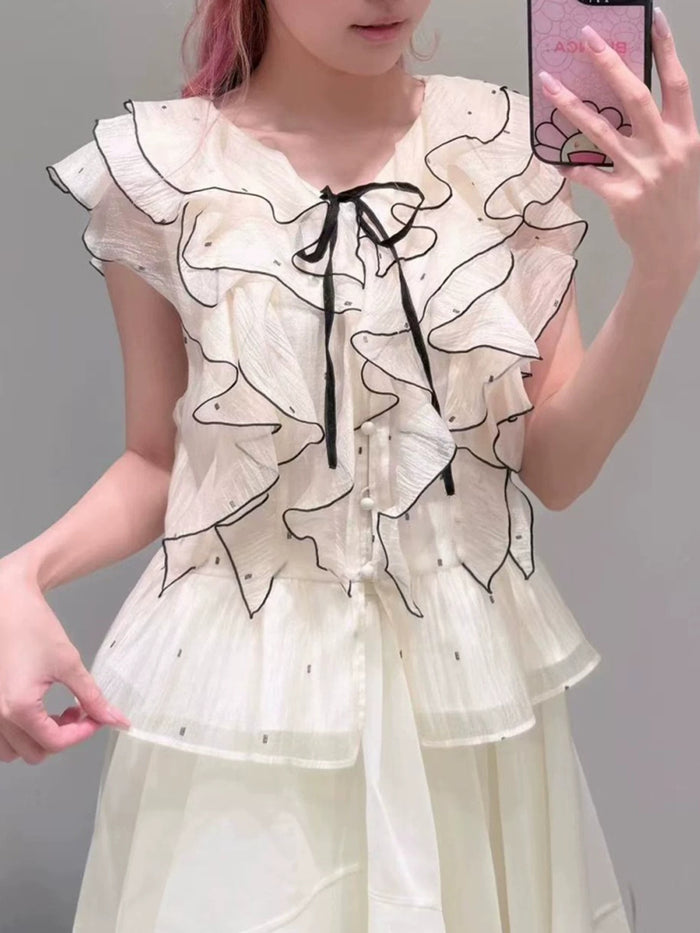 Sweet Petal-Print Ruffled Hem Bow-Tie V-Neck Shirt – Premium 0 | RICALOUX