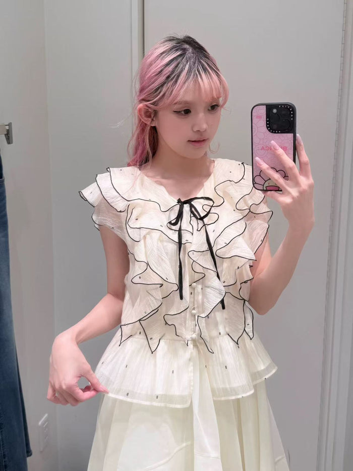 Sweet Petal-Print Ruffled Hem Bow-Tie V-Neck Shirt by Ricaloux