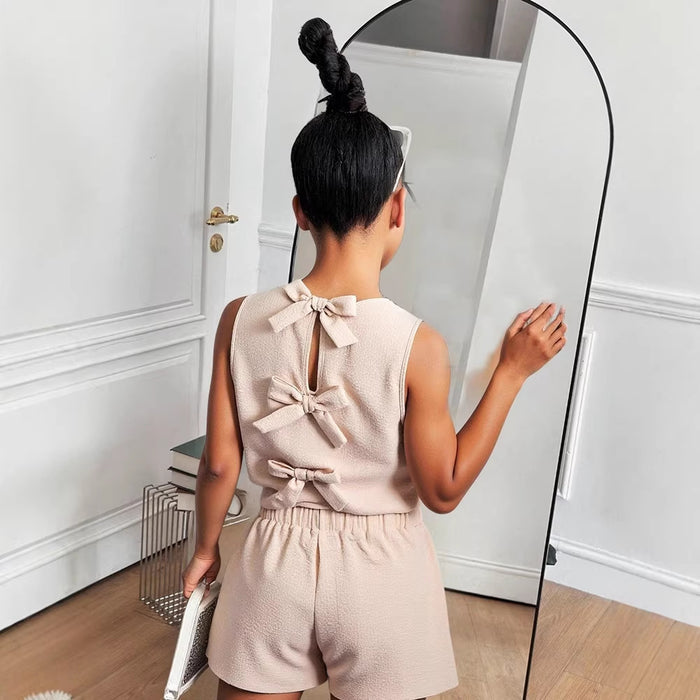Sweet-style Apricot Two-piece Set For Girls Back-knot Vest And Shorts by Ricaloux