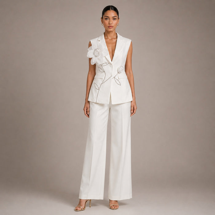 Tailored Sleeveless Blazer Vest & Wide Leg Trousers 2 Piece Floral Embroidery Suit Co-ord – Premium 4 | RICALOUX