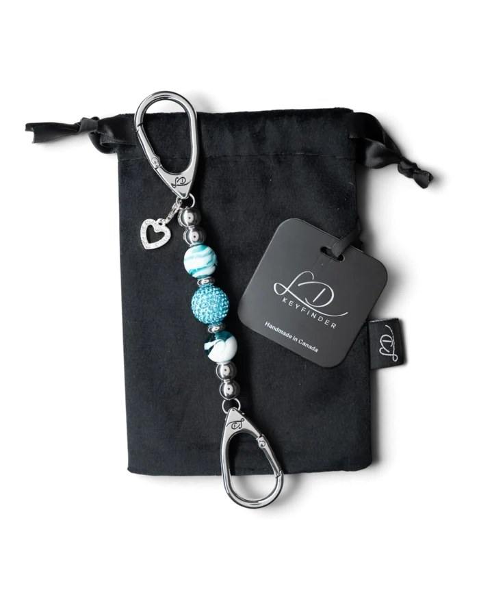 LD Keyfinder Teal My Heart-Mini keychain with teal swirl glass beads, crystal center, and silver heart charm.