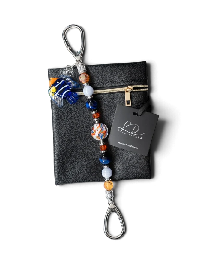 LD Keyfinder Tropical Tango beaded keychain with artisan glass, Blue Tiger Eye, and a removable tropical fish charm.