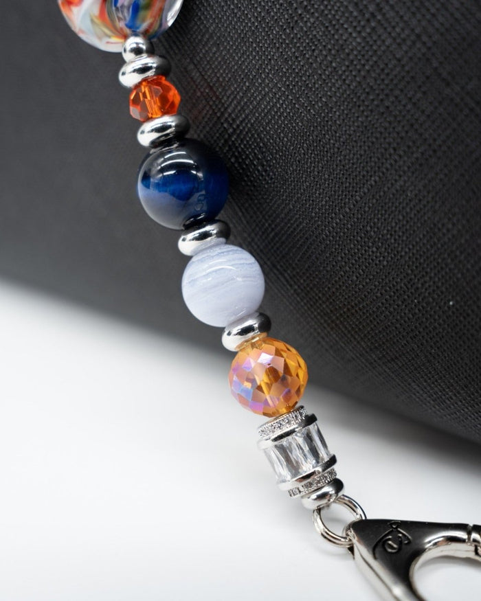LD Keyfinder Tropical Tango beaded keychain with Blue Tiger Eye, Blue Lace Agate, and artisan glass beads.