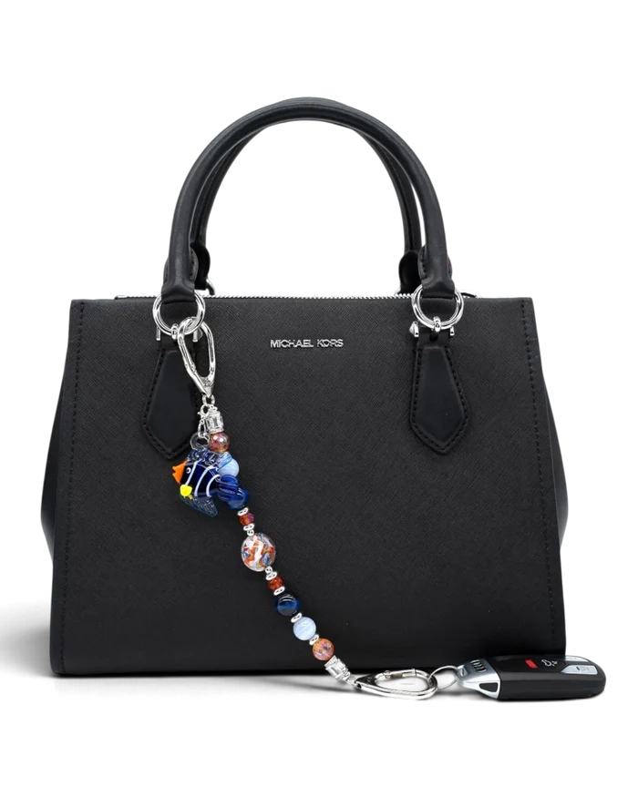 LD Keyfinder Tropical Tango beaded keychain with artisan glass fish charm, blue tiger eye, and blue lace agate beads.