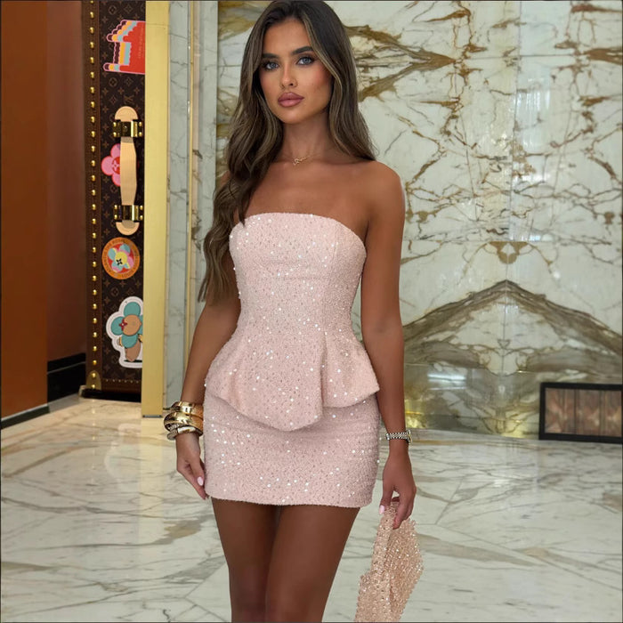 Tube-top Set Sequined Design Slimming Tube Top And Short Skirt – Premium 0 | RICALOUX