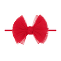 A red pleated tulle bow on a skinny nylon headband.