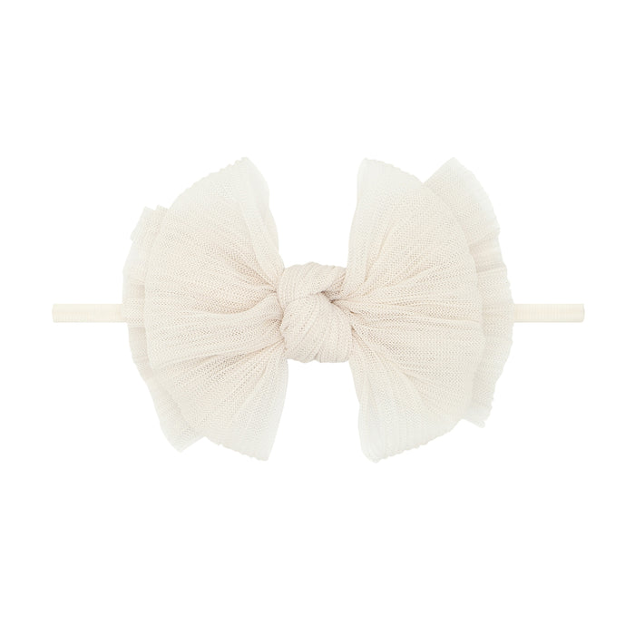 A skinny nylon headband with a pleated oatmeal tulle bow in the center, displayed against a white background.